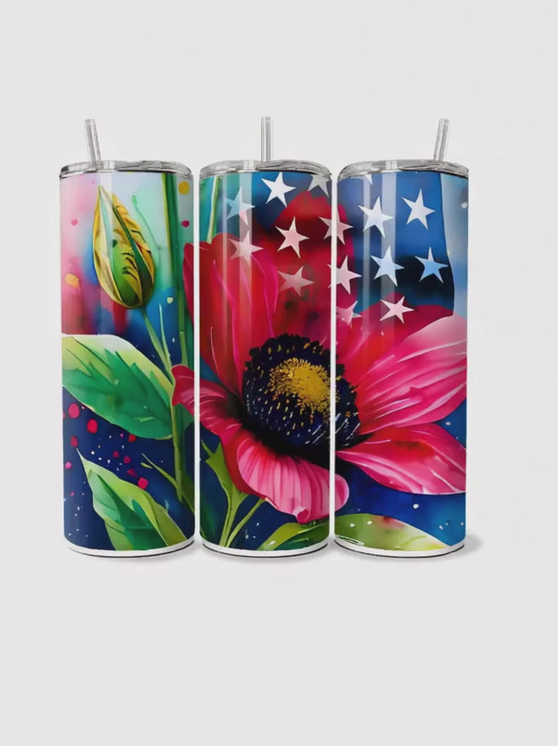 Patriotic Floral Tumbler – American Flag Flower Cup